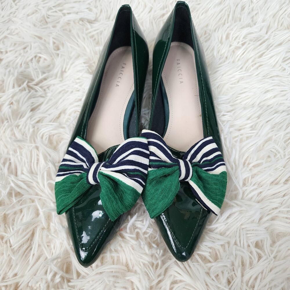 Faiccia vero quoio patent shoes Sz 7.5 bow pointed green flat  A15